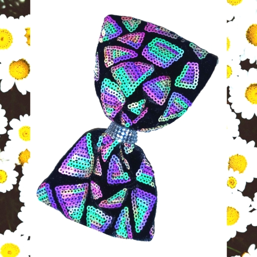 Retro black bow with neon sequins on clip